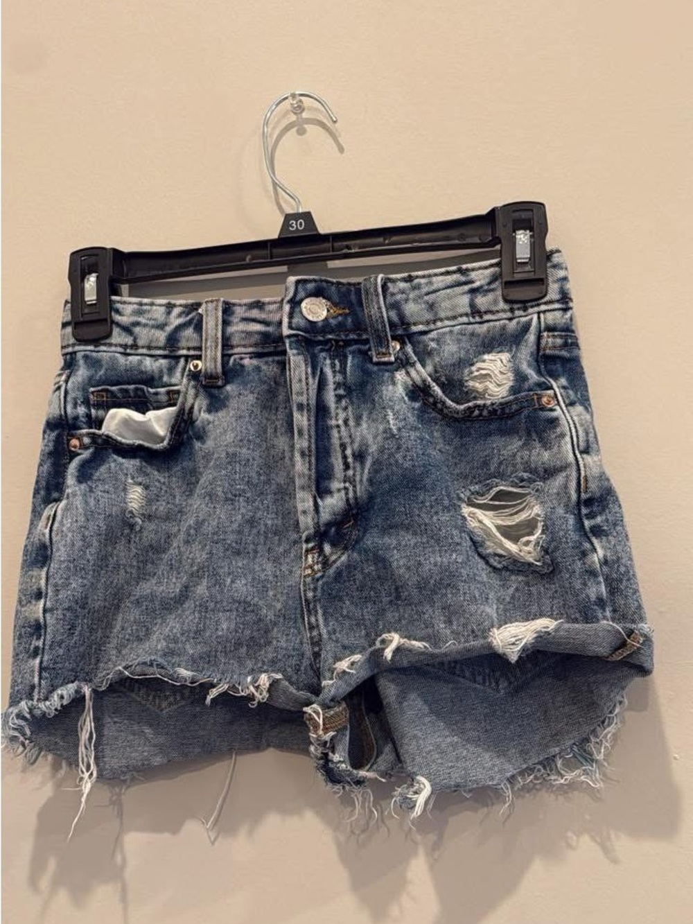Distressed High-Waist Denim Shorts - Blue